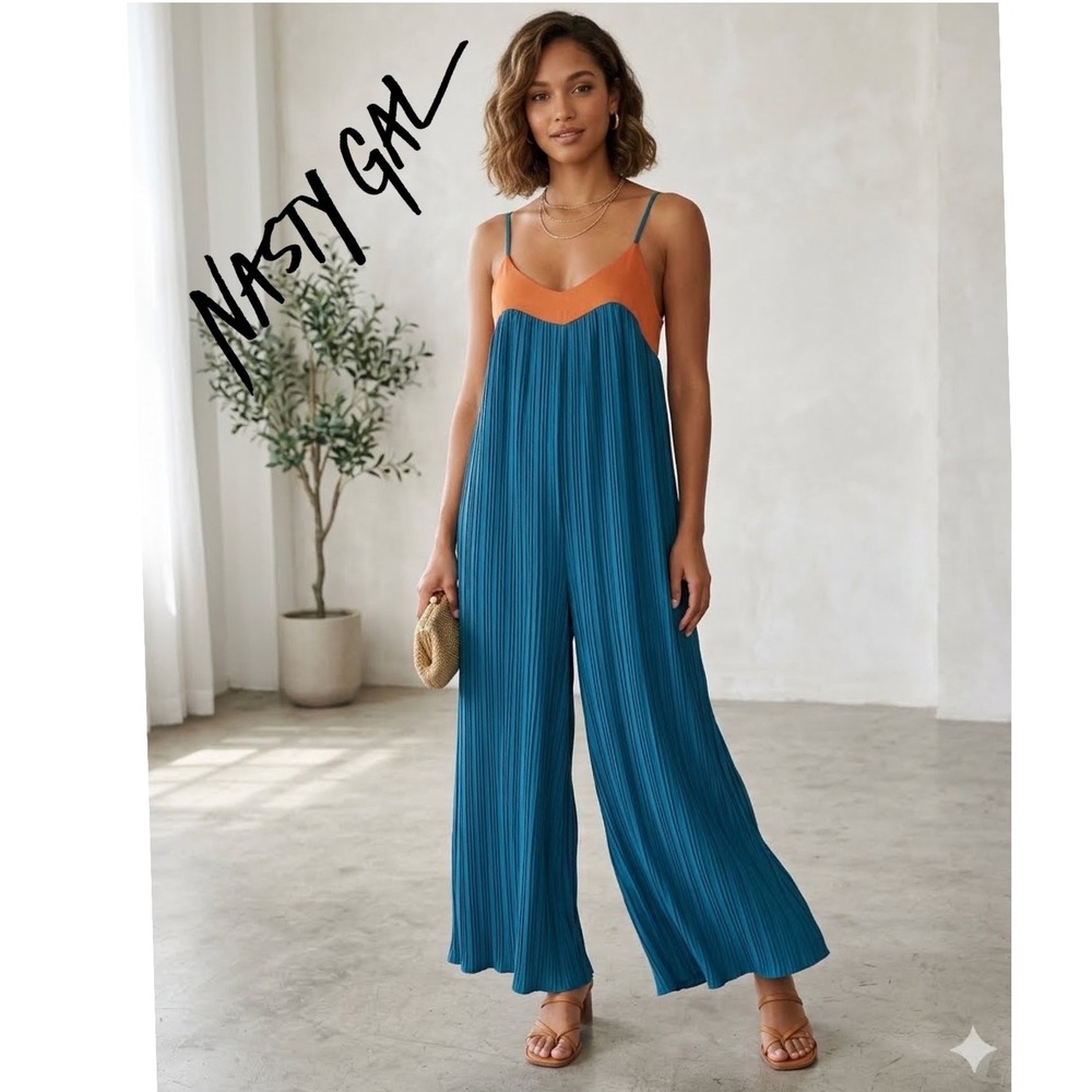 Nasty Gal Collection Plisse Wide Leg Jumpsuit Teal Orange Two Tone Size 4‎ - Picture 1 of 16